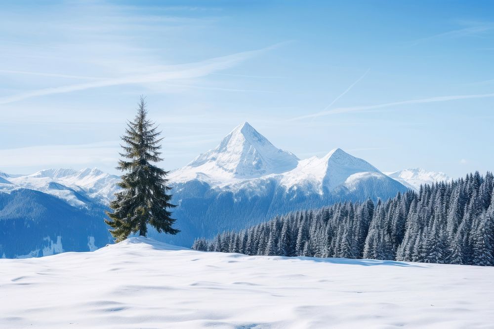 Snow mountain nature tree landscape. AI generated Image by rawpixel.