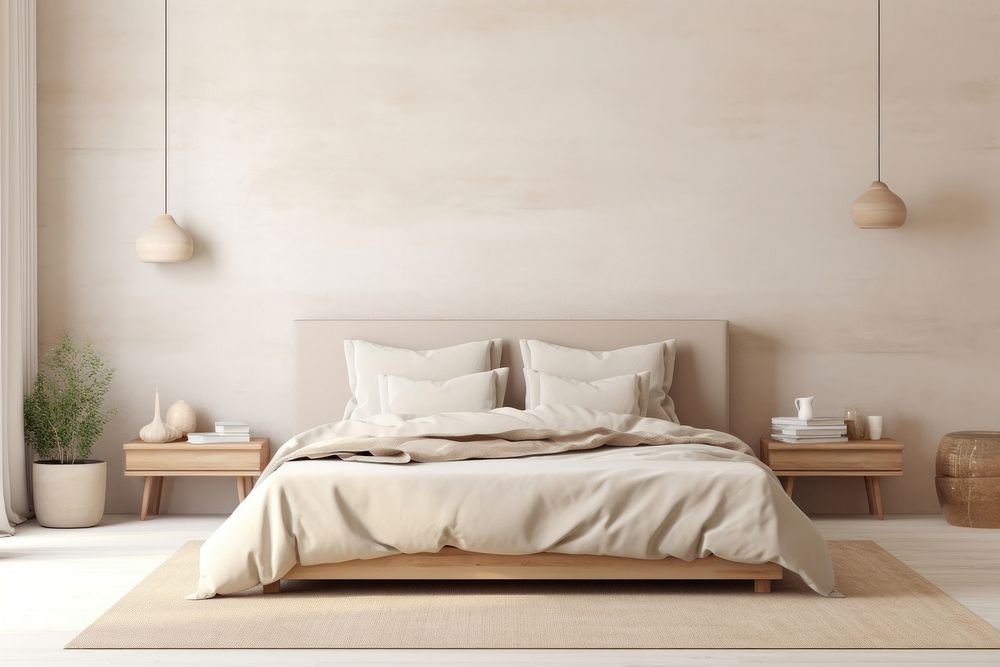 Beige bedroom furniture cushion pillow. AI generated Image by rawpixel.