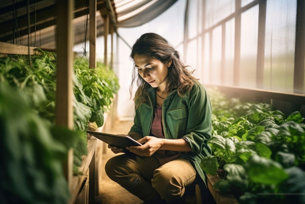 Female farm worker greenhouse sitting garden. 