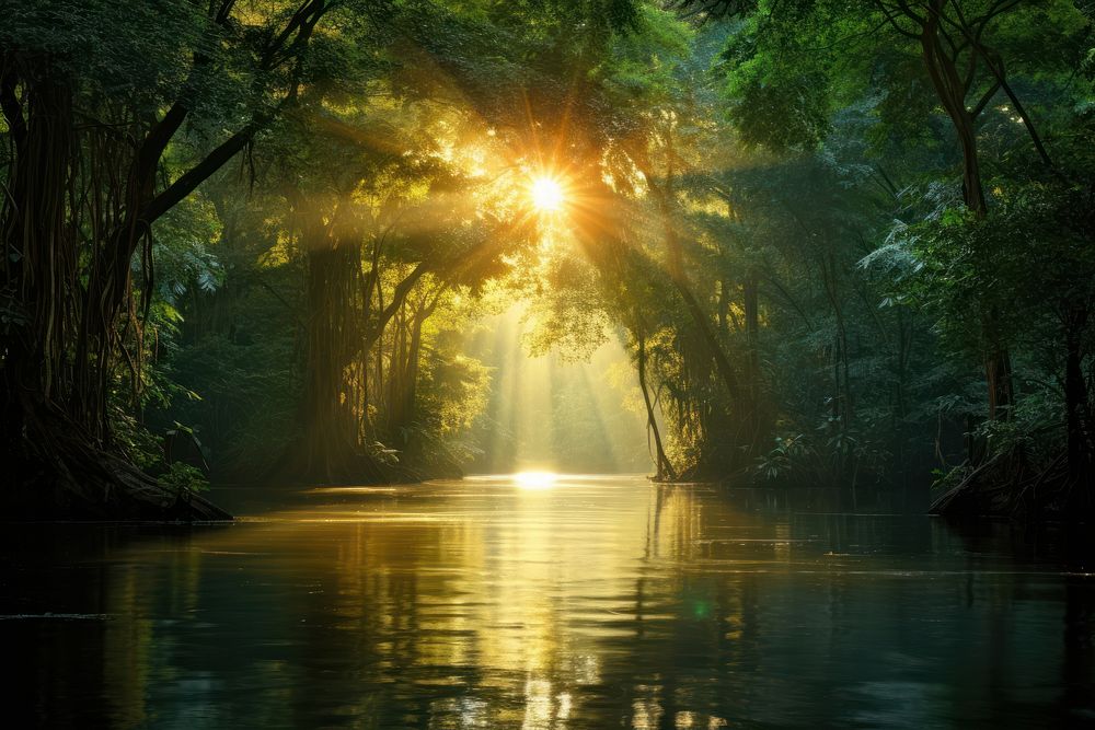 Amazon river bank sunlight tree landscape. AI generated Image by rawpixel.