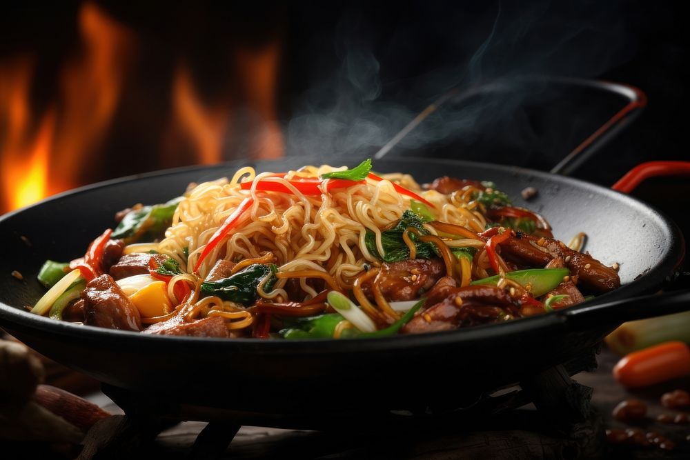 Chef make stir fry chow mein noodles food vegetable meal. AI generated Image by rawpixel.