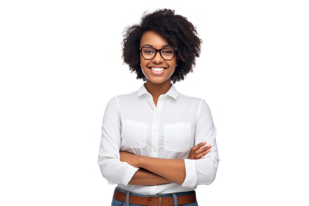 Happy young african woman casualy dressed standing portrait glasses adult. AI generated Image by rawpixel.