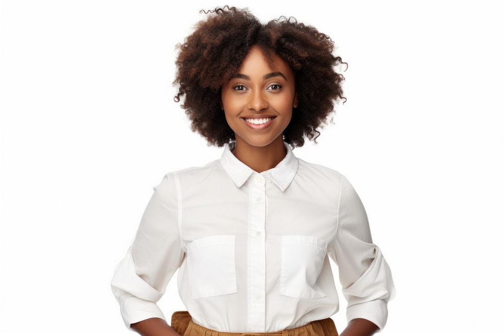 Happy young african woman casualy dressed standing portrait sleeve blouse. AI generated Image by rawpixel.