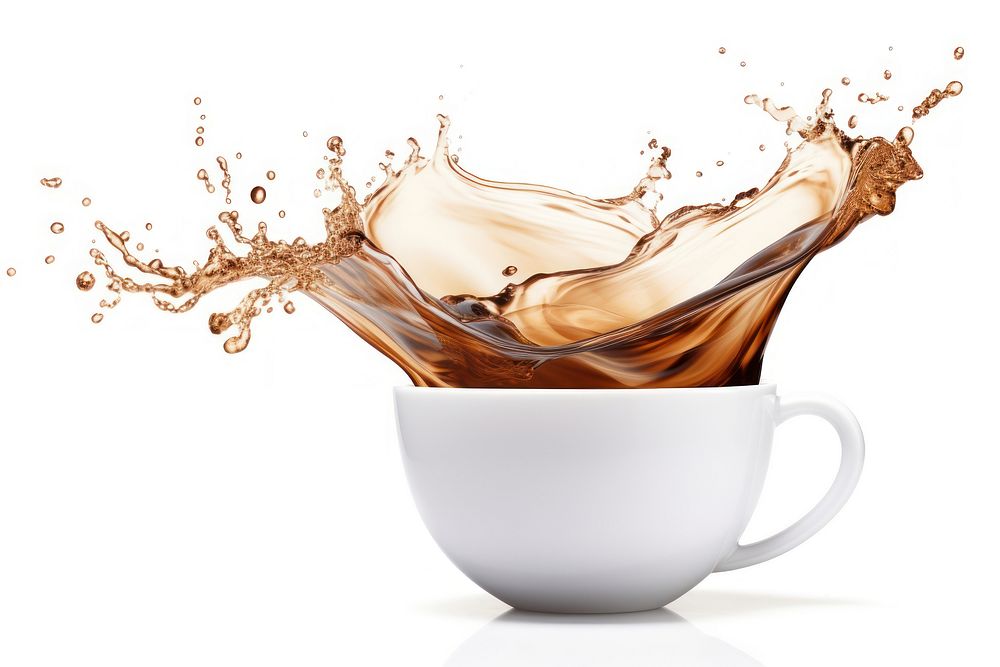 A white rotate flying cup mug coffee splashing drink. 