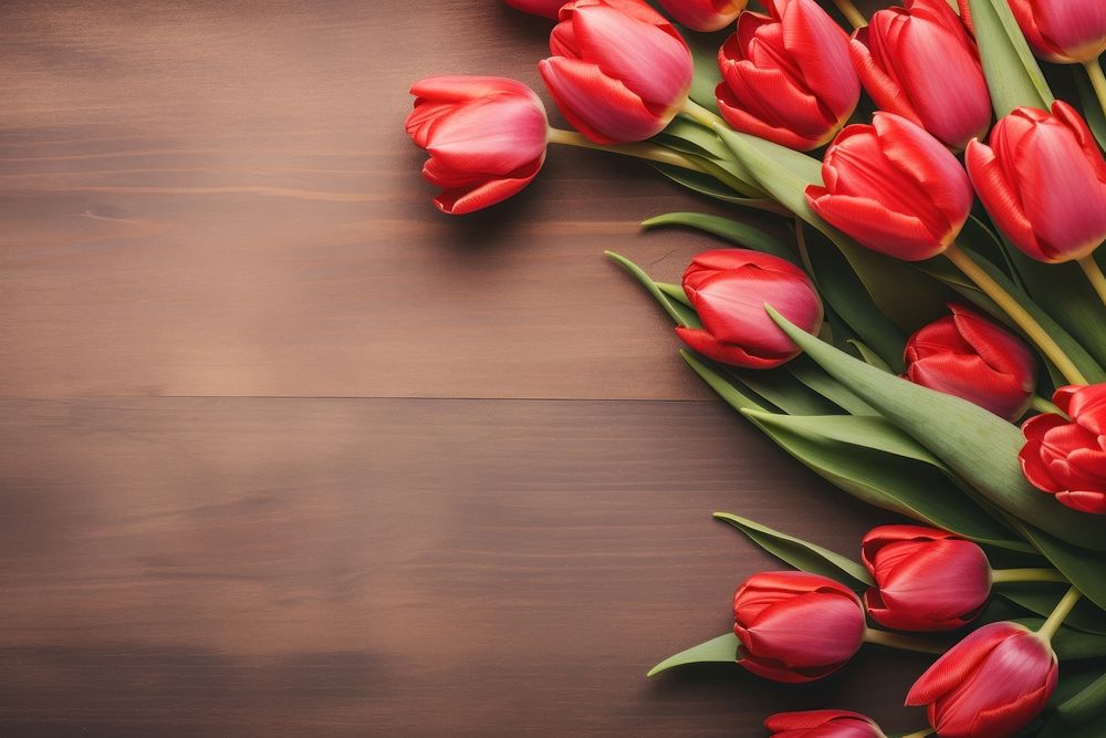 Woman making red tulips flower bouquet petal plant wood. 