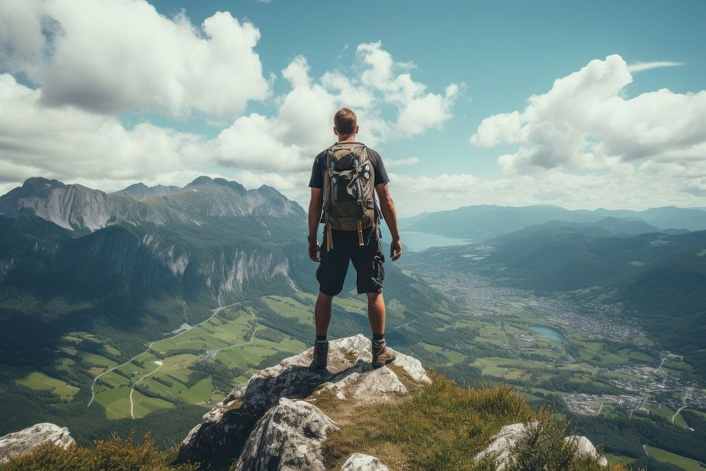 Strong mountain climber backpacking adventure outdoors. 