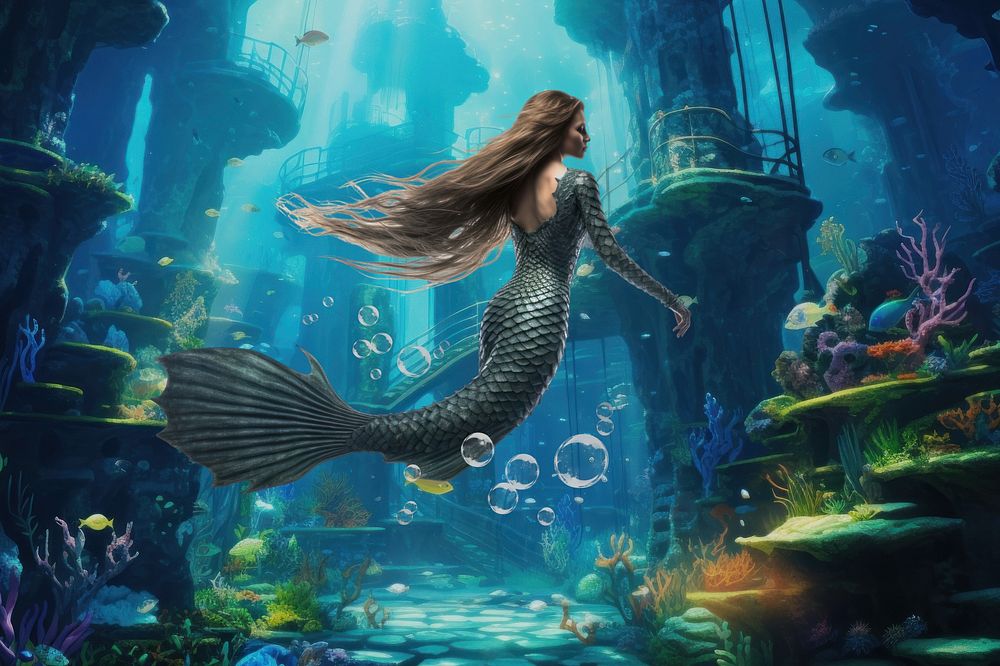 Mermaid in underwater world fantasy remix