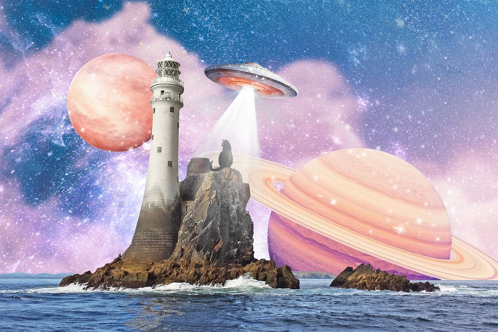 Travel cat, lighthouse surreal escapism collage art remix
