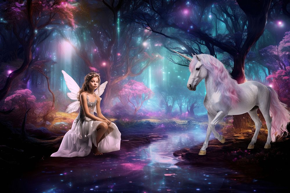 Fairy & unicorn in enchanted forest fantasy remix