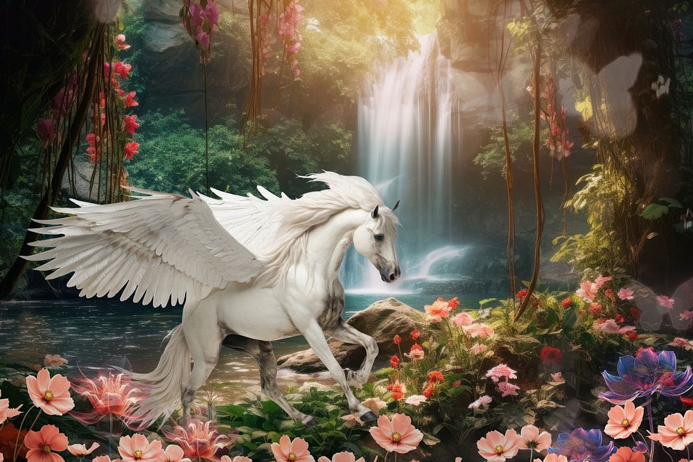 Magical pegasus in forest fantasy remix