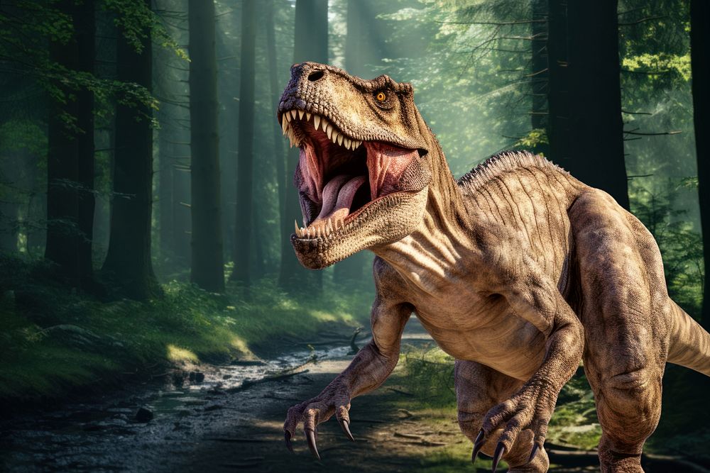 Dinosaur T-rex in forest fantasy remix