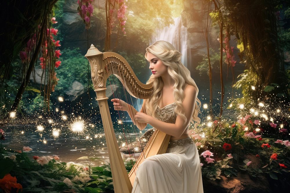 Elf women playing harp fantasy | Free Photo Illustration - rawpixel