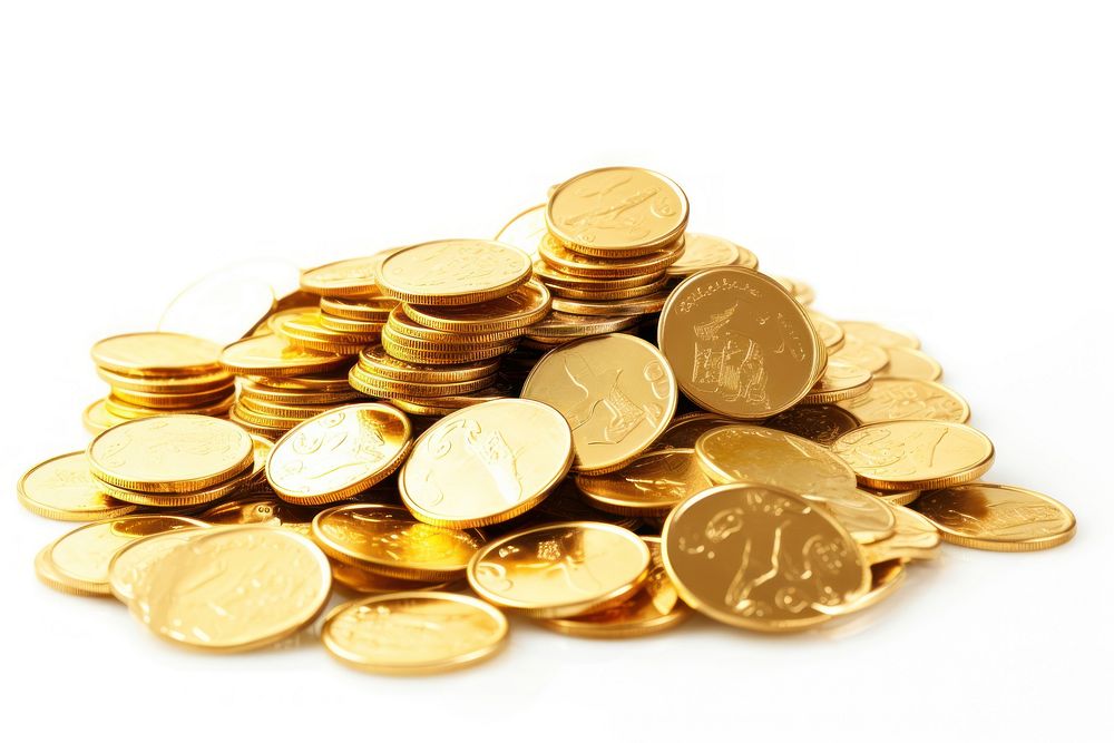 Many shiny gold coins backgrounds money white background. AI generated Image by rawpixel.