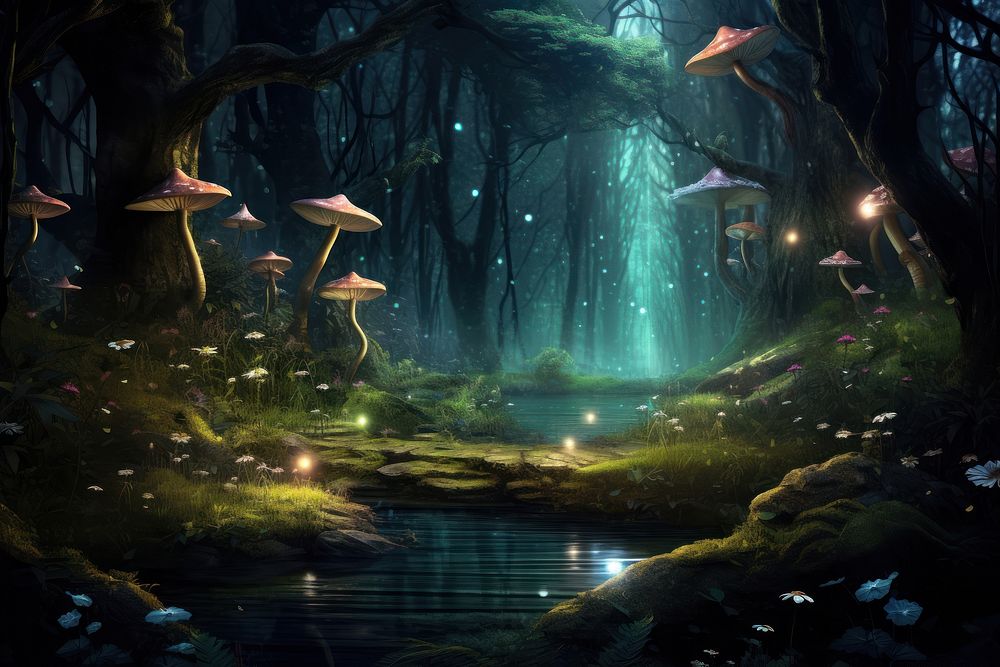 Magical forest night woodland outdoors. AI generated Image by rawpixel.