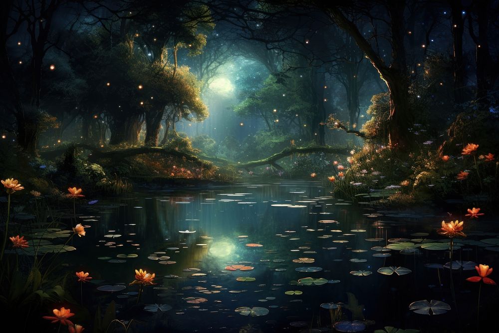 Magical pond outdoors fantasy forest. AI generated Image by rawpixel.