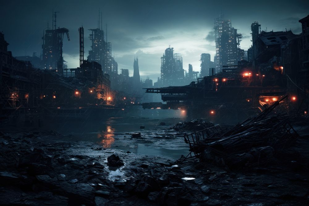 Dystopian city architecture illuminated technology. AI generated Image by rawpixel.