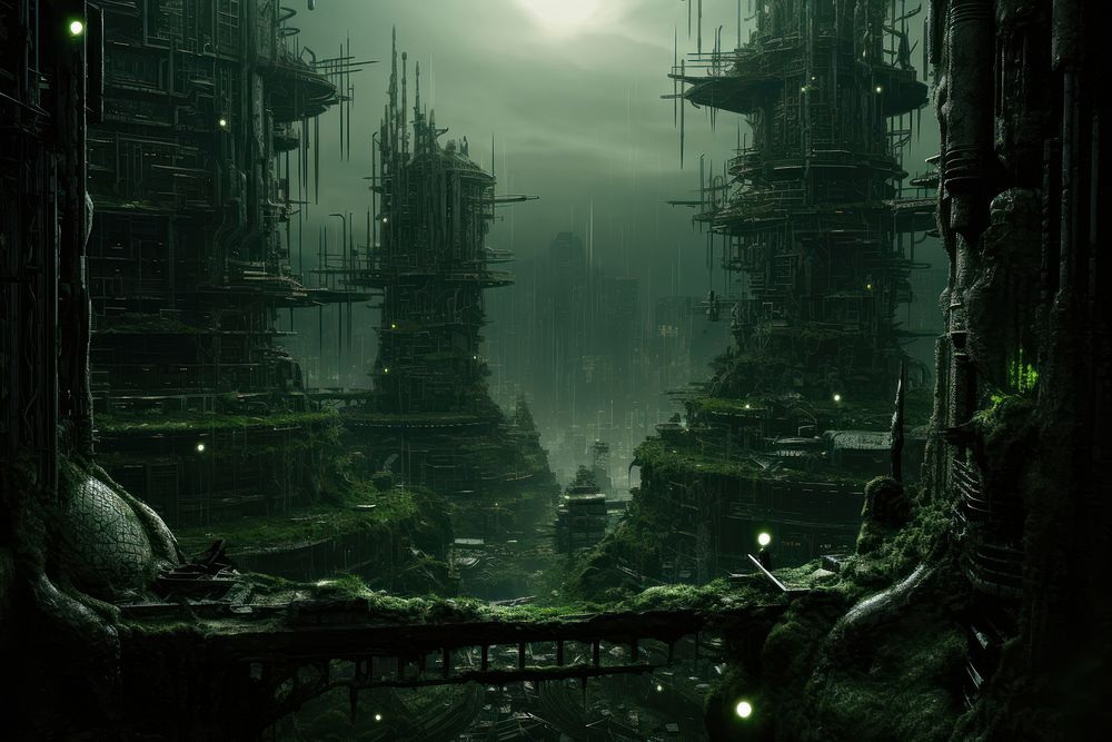 Dystopian city green architecture screenshot. AI generated Image by rawpixel.