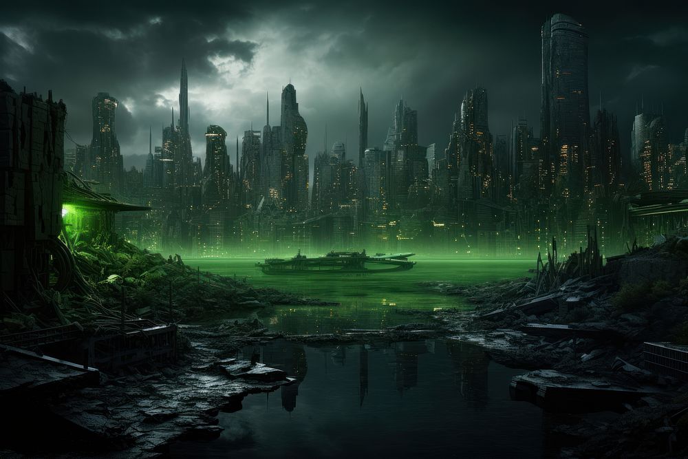 Dystopian city outdoors fantasy green. AI generated Image by rawpixel.