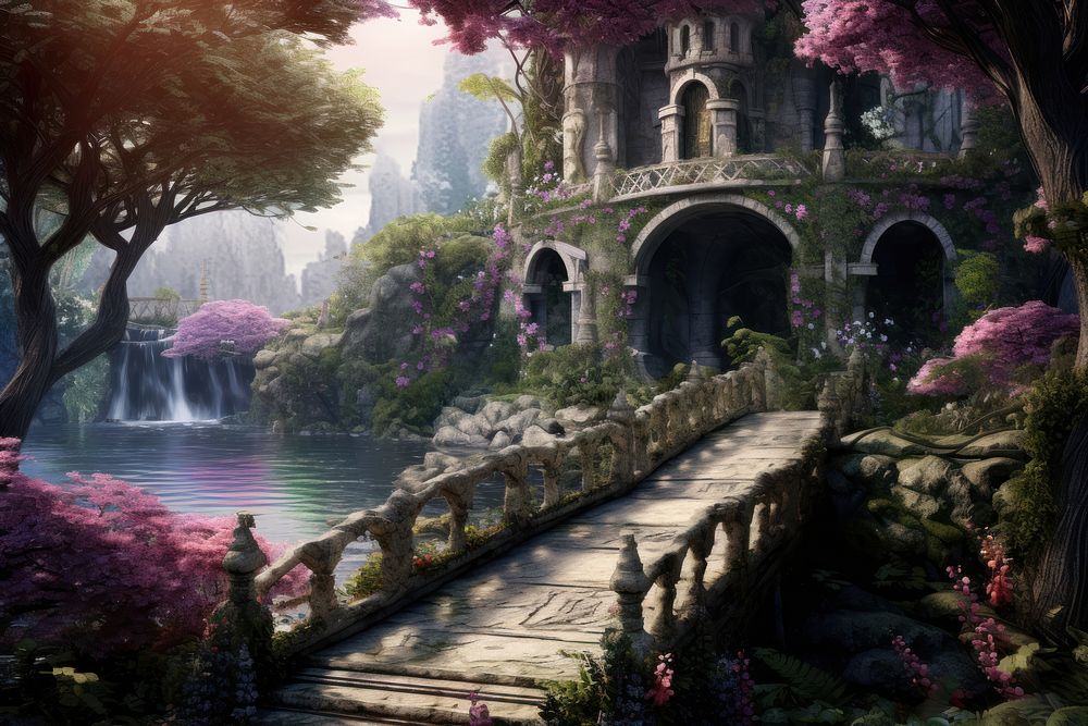 Beautiful fantasy landscape garden architecture outdoors. AI generated Image by rawpixel.