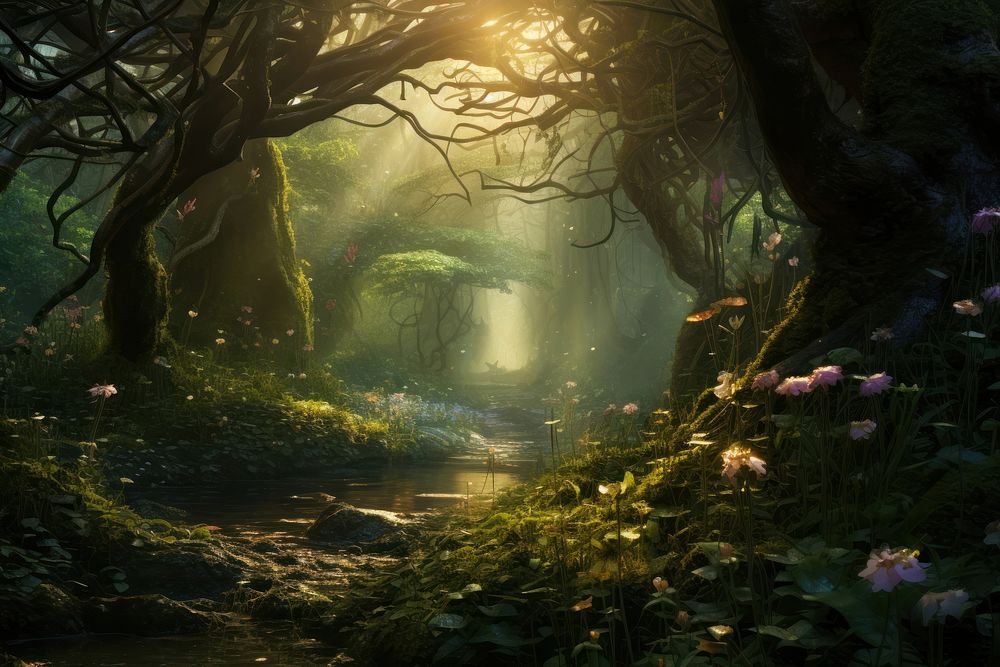 Magical forest landscape sunlight woodland. 
