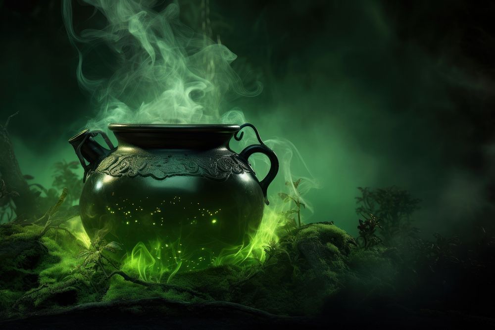 Sorcerer background theme green fog pot. AI generated Image by rawpixel.