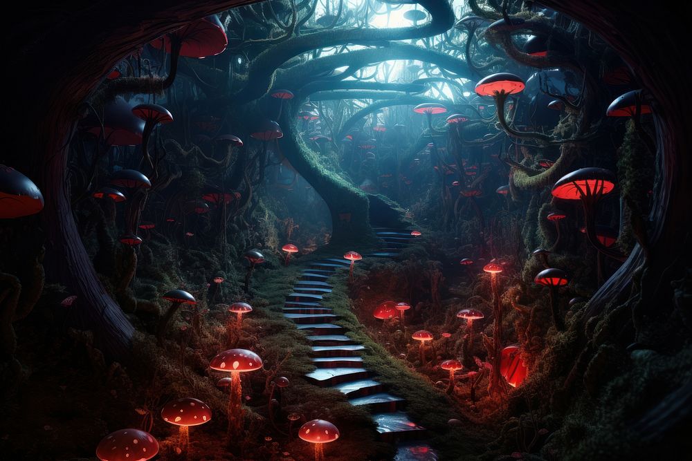 Wonderland rabbit hole outdoors nature illuminated. AI generated Image by rawpixel.