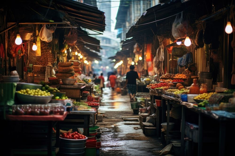 Tasian market bazaar city infrastructure. AI generated Image by rawpixel.