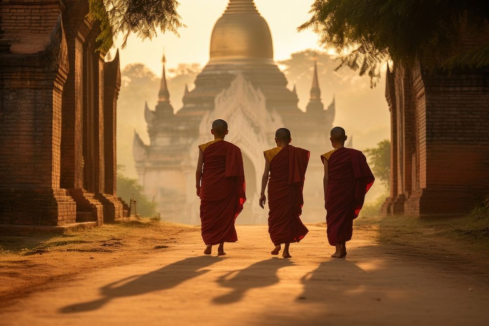 Three Buddhist walking pagoda adult. AI generated Image by rawpixel.