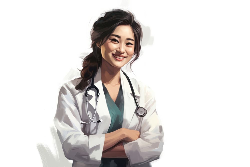 Asian female doctor smiling adult white background stethoscope. 