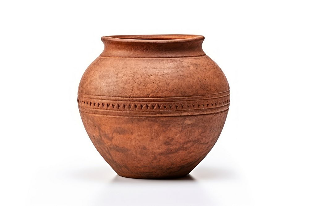 Antique brown clay pot pottery jar white background. AI generated Image by rawpixel.