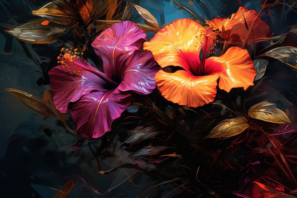 Dark exotic flowers hibiscus painting petal. AI generated Image by rawpixel.