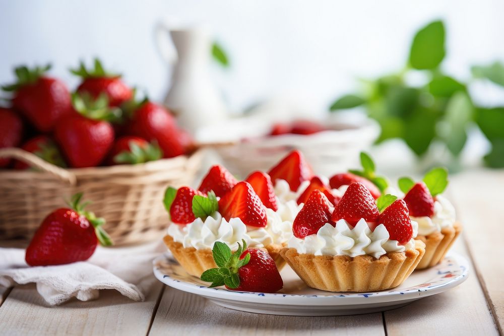 Baked baskets cream strawberry dessert. 