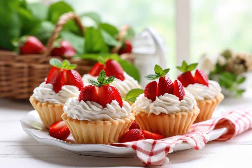 Baked baskets cream strawberry dessert. AI generated Image by rawpixel.