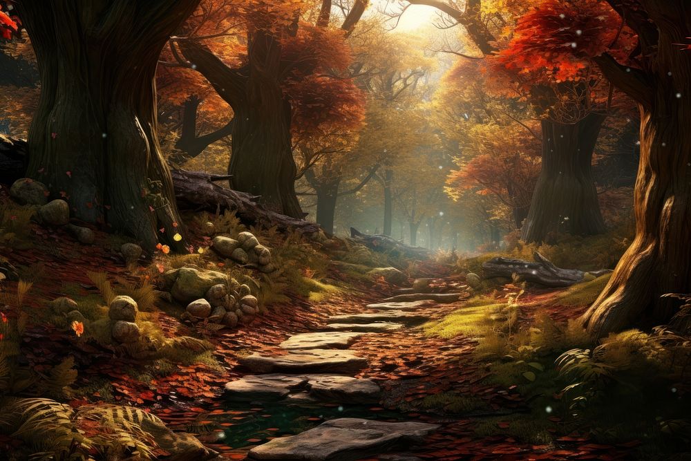 Magical autumn forest landscape outdoors woodland. AI generated Image by rawpixel.