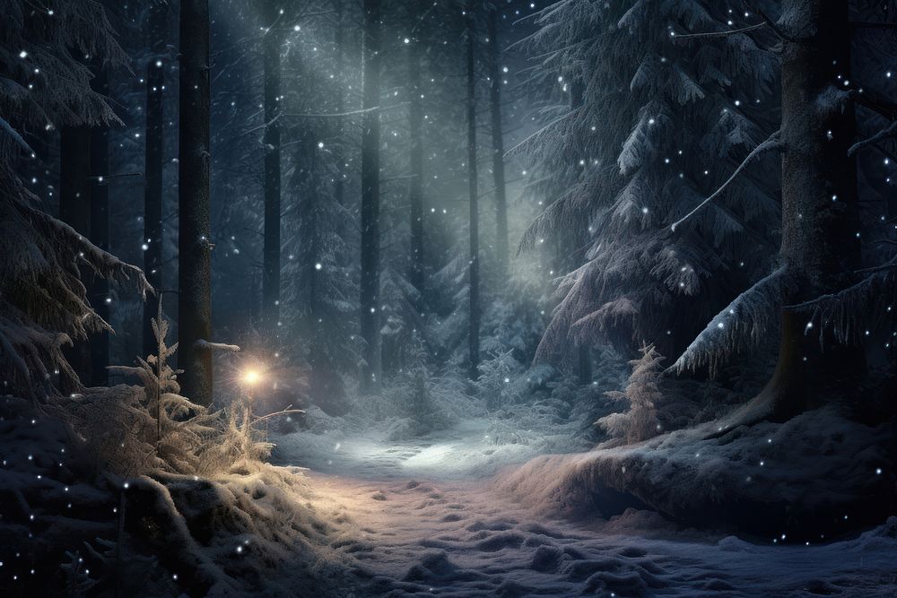 Magical winter forest outdoors nature night. AI generated Image by rawpixel.