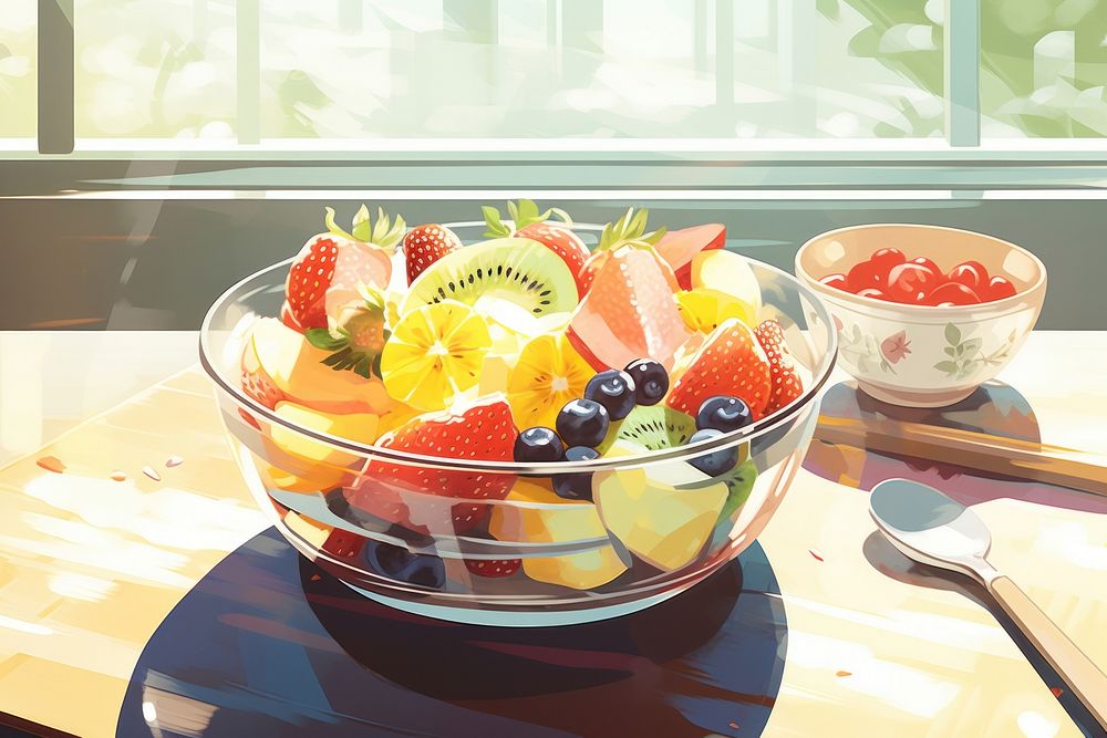 Fresh fruit salad bowl table food. 