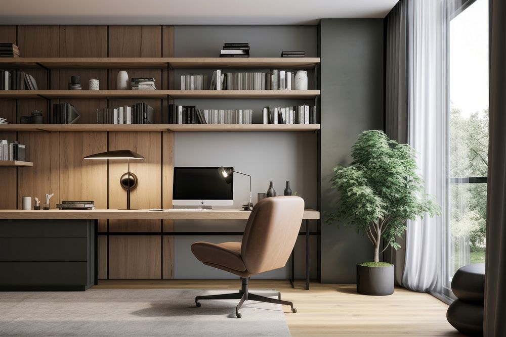 Office room furniture bookshelf chair. AI generated Image by rawpixel.