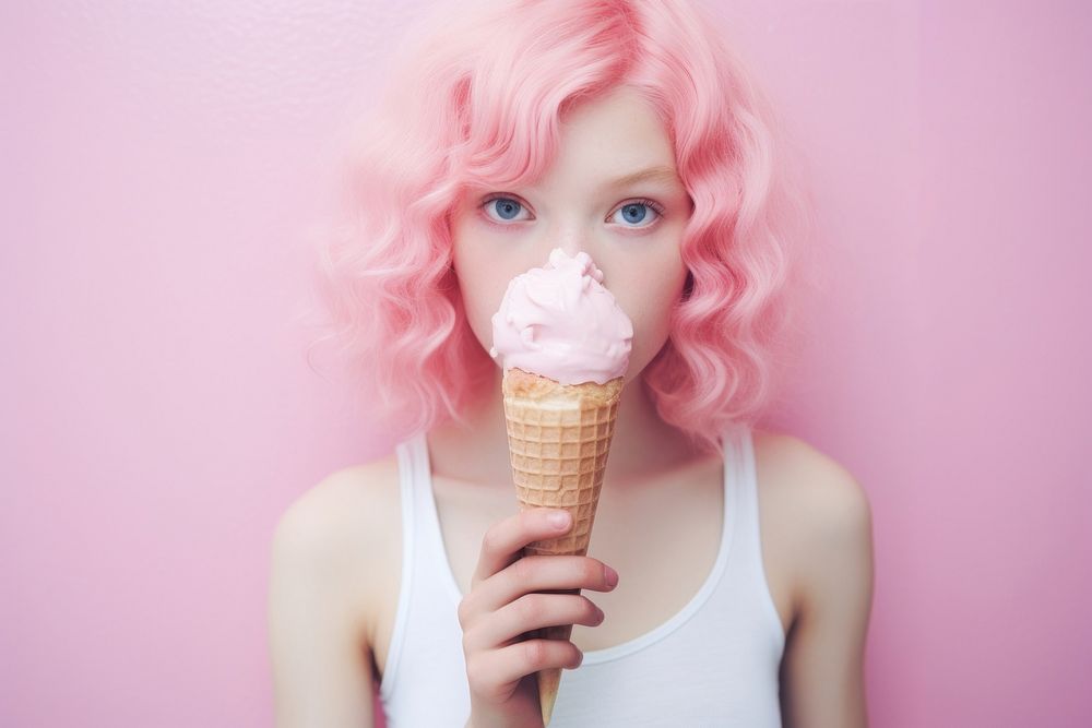 Girl eats ice cream dessert food hairstyle. AI generated Image by rawpixel.