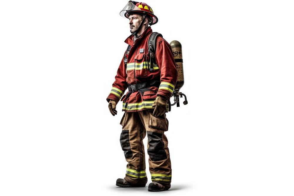 Firefighter adult white background extinguishing. AI generated Image by rawpixel.