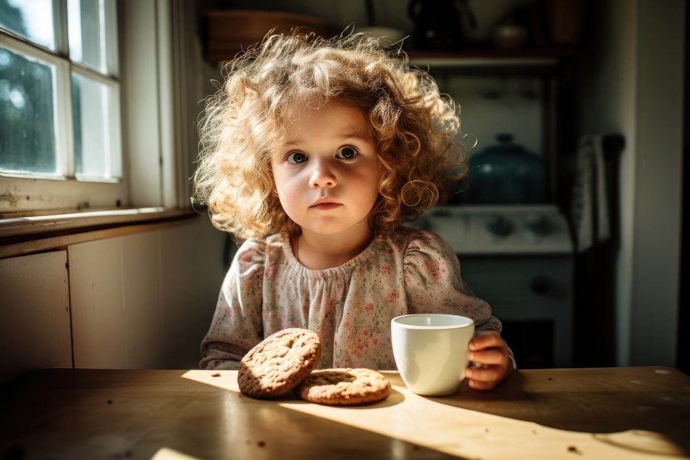 Girl toddler eating cookie portrait coffee table. 