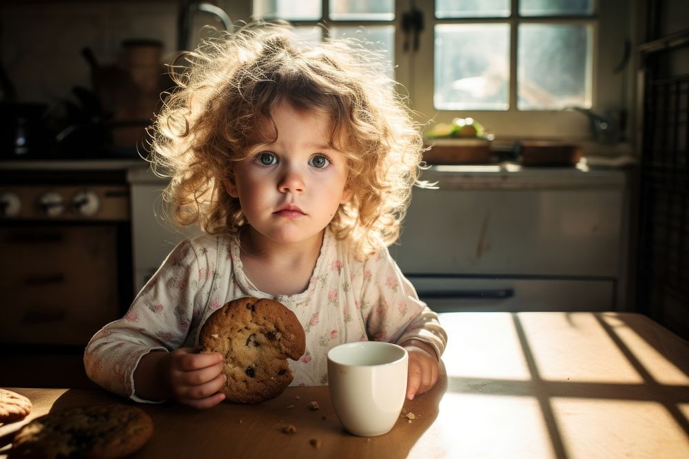 Girl toddler eating cookie portrait kitchen child. AI generated Image by rawpixel.