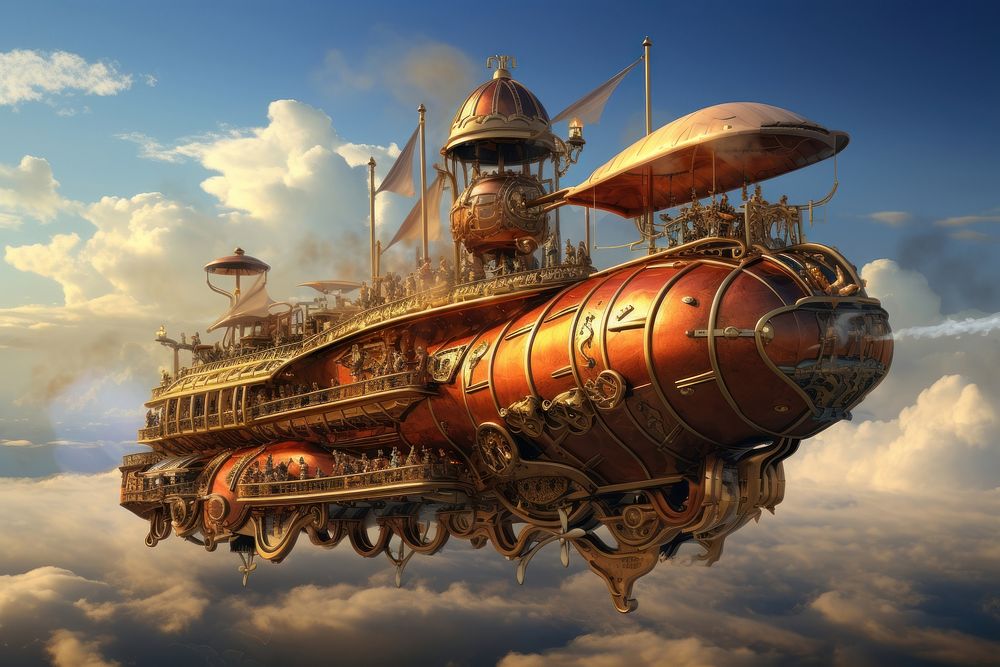 Steampunk airship aircraft vehicle transportation. AI generated Image by rawpixel.