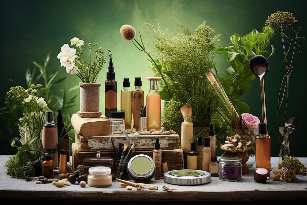 Cosmetics bottle nature table. 