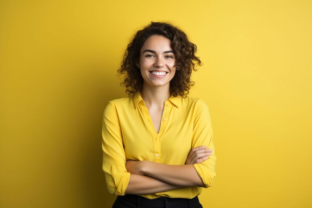 Young woman portrait smiling yellow. AI generated Image by rawpixel.