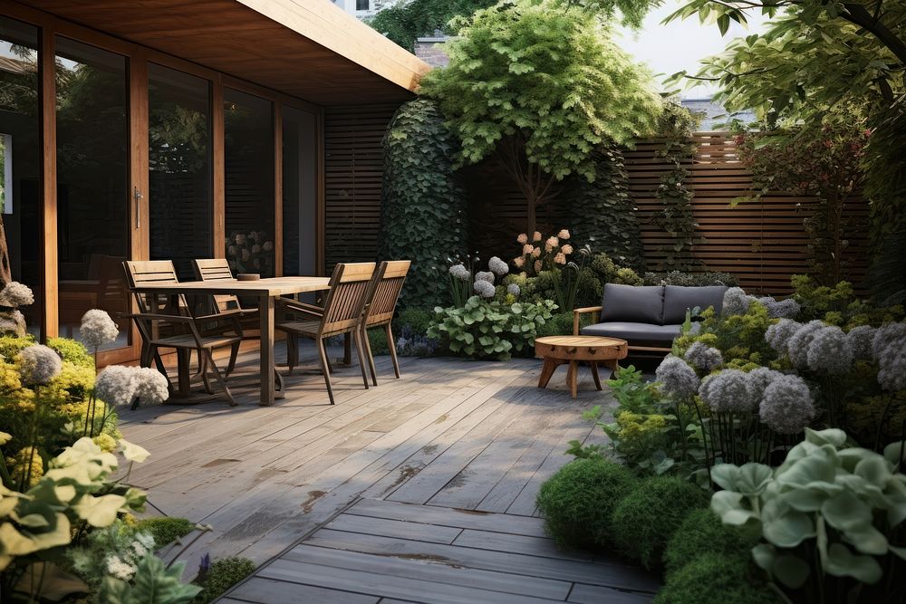 Back garden patio architecture furniture building. AI generated Image by rawpixel.