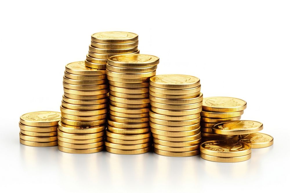 Shiny golden coins tower money white background investment. AI generated Image by rawpixel.