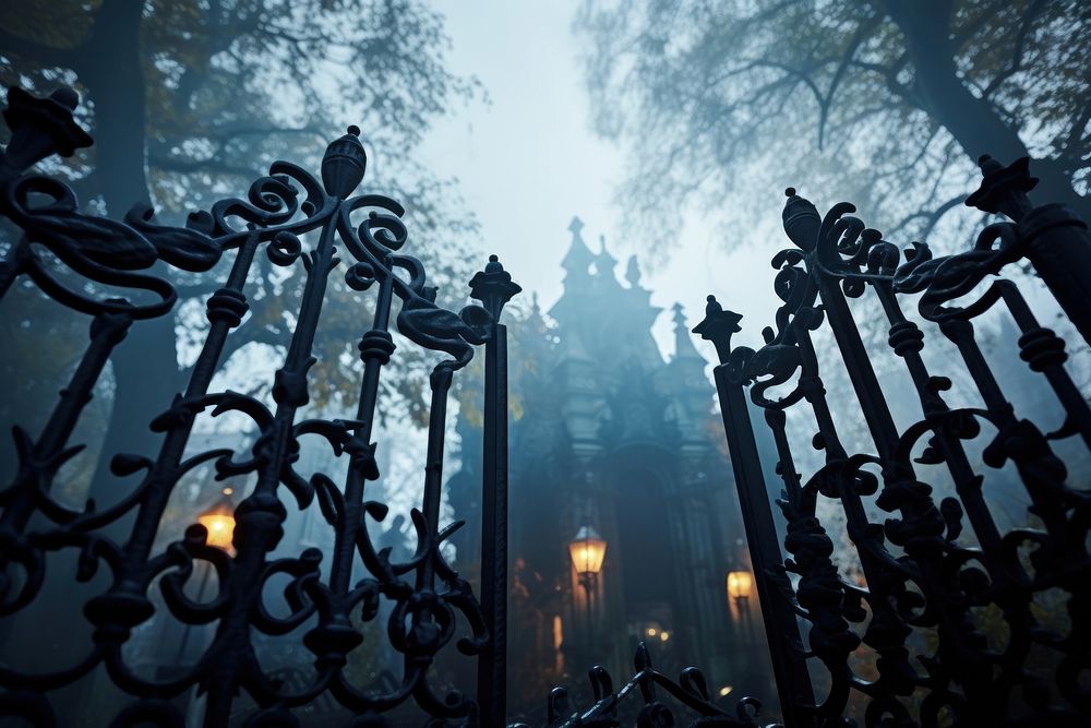 Haunted mansion outdoors fence architecture. AI generated Image by rawpixel.