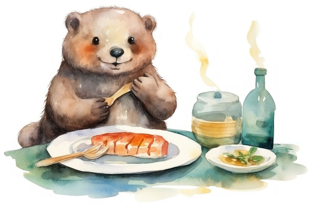 Otter eating a cooked fish mammal plate table. AI generated Image by rawpixel.