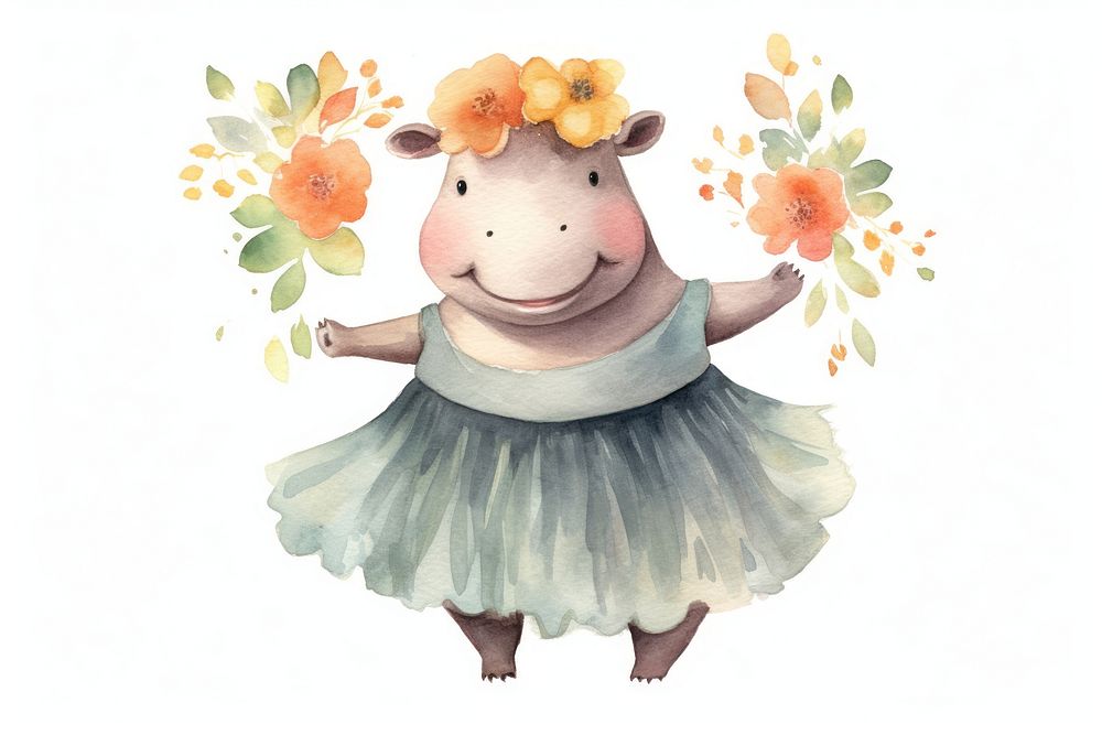 Dancing hippo cartoon flower cute. AI generated Image by rawpixel.