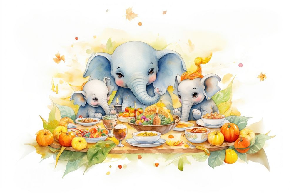 Cute elephant family thanksgiving painting cartoon. AI generated Image by rawpixel.